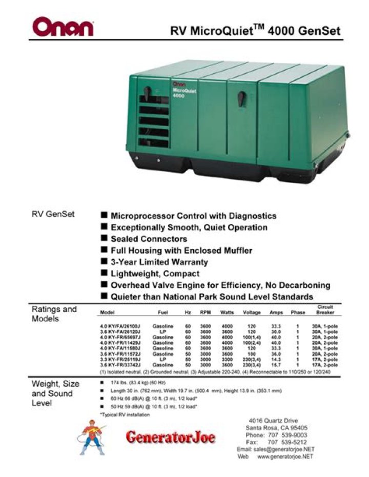 How tall is the RV microquiettm 4000 genset?